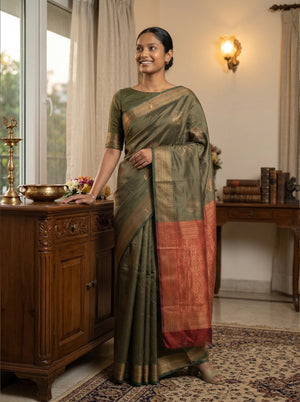 Woman in a traditional saree standing in a room with wooden furniture and decor.