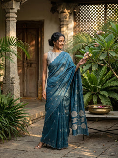 Woman in a blue saree standing in a garden setting