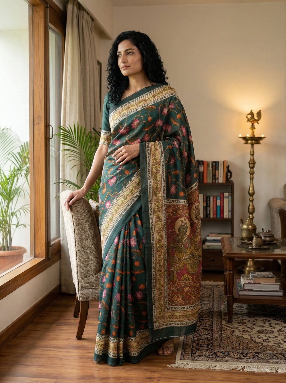 Woman in a traditional saree standing in a room with decor elements.