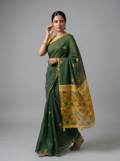 Semi Linen Forest Green Floral Design Saree