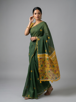 Semi Linen Forest Green Floral Design Saree