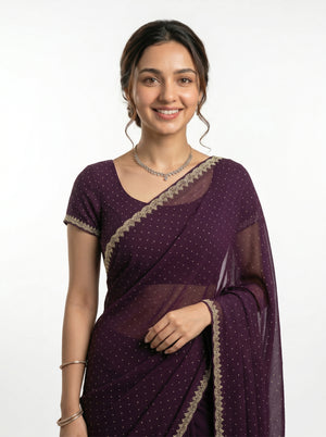 Georgette Wine Purple Stone Studded Saree with Pearl Beaded Border