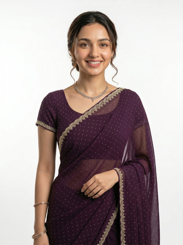 Georgette Wine Purple Stone Studded Saree with Pearl Beaded Border