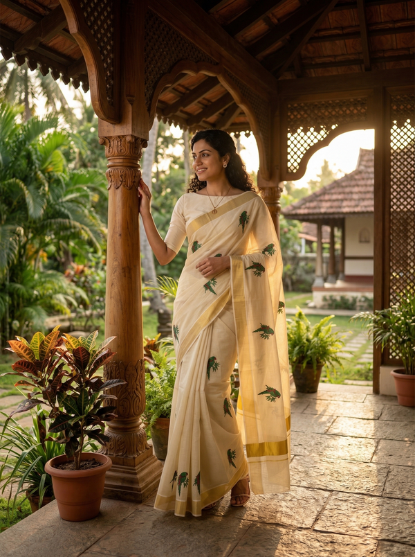 Woman in a white saree with green patterns standing in a garden setting.