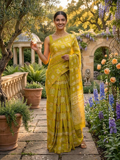 Chanderi Cotton Mustard Yellow Ethnic Print Saree