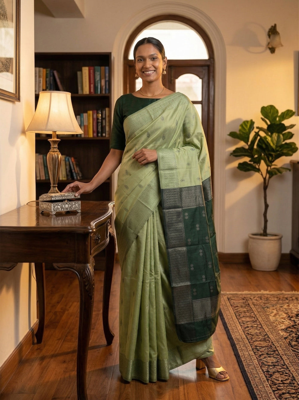 Woman in a green saree standing in a room with a bookshelf and lamp.