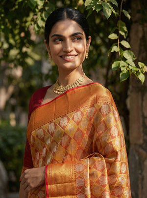 Kanjivaram Mustard Yellow and Maroon Broacade Saree with Geometric Diamond Jaal and Zari Border