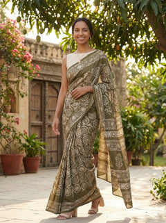 Chanderi Cotton Olive Green Floral Printed Saree