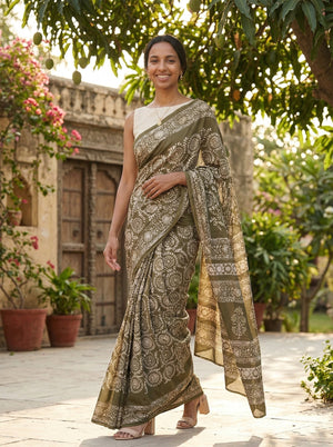 Chanderi Cotton Olive Green Floral Printed Saree