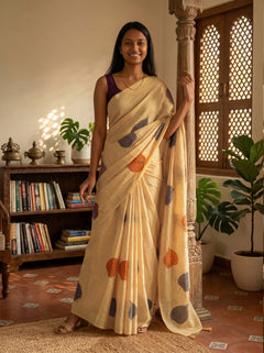 Chanderi Cotton Cream Floral Printed Casual Saree