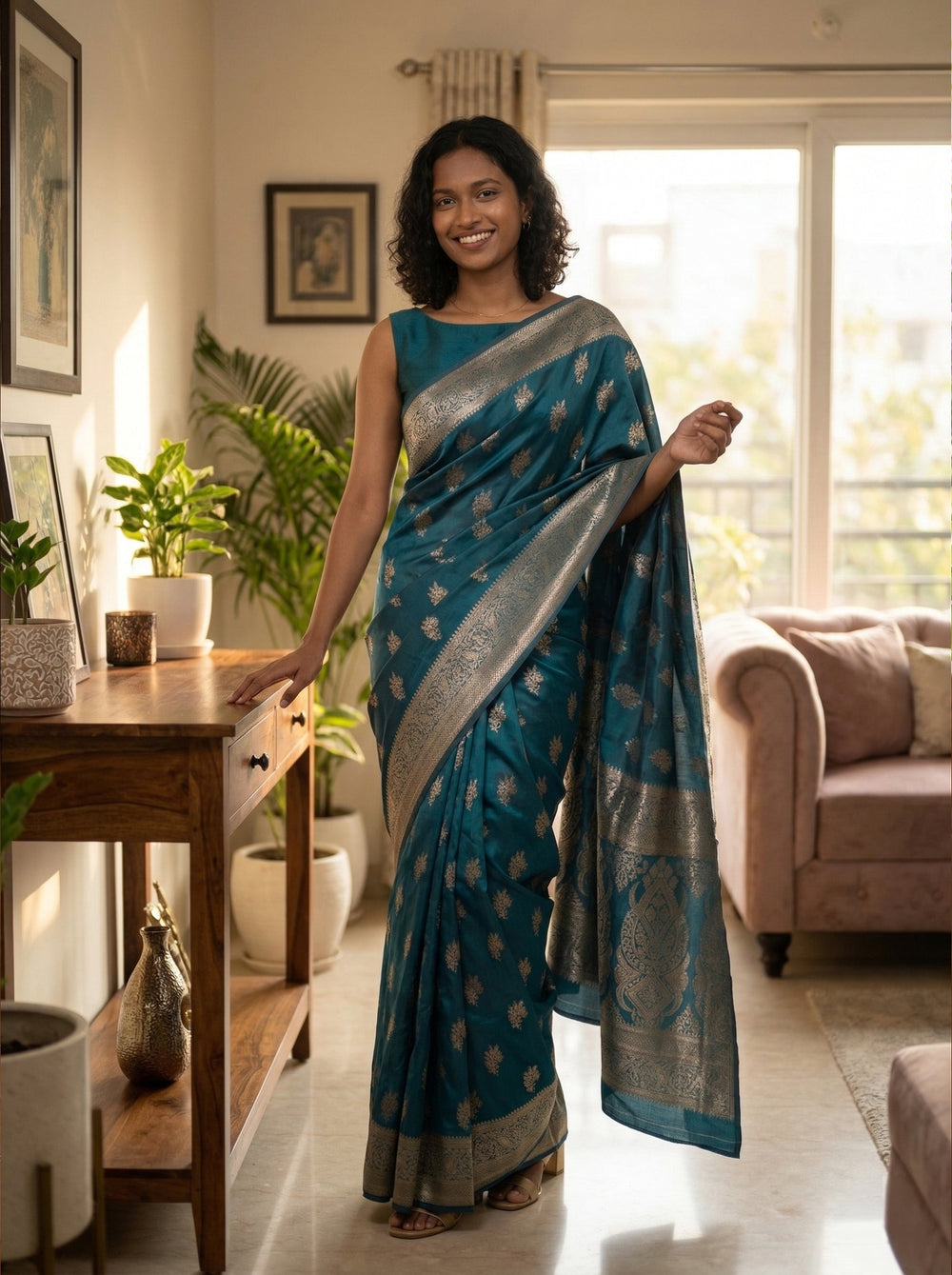 Woman in a blue saree standing in a living room