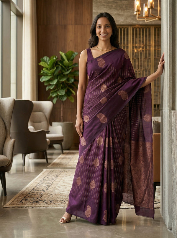 Semi Silk Deep Purple & Gold Striped Zari Pattern Saree