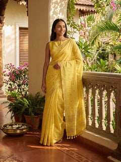 Chanderi Cotton Yellow Embroidered Floral Pattern Saree