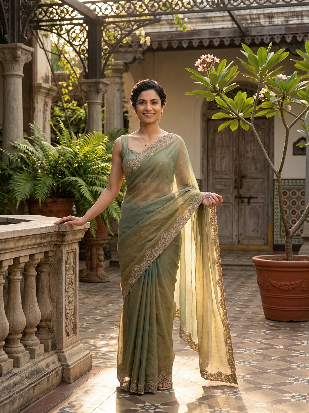 Woman in a green saree standing in an outdoor setting with plants and architectural elements.