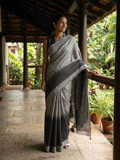 Cotton Ash Grey Saree With Black Checked Border