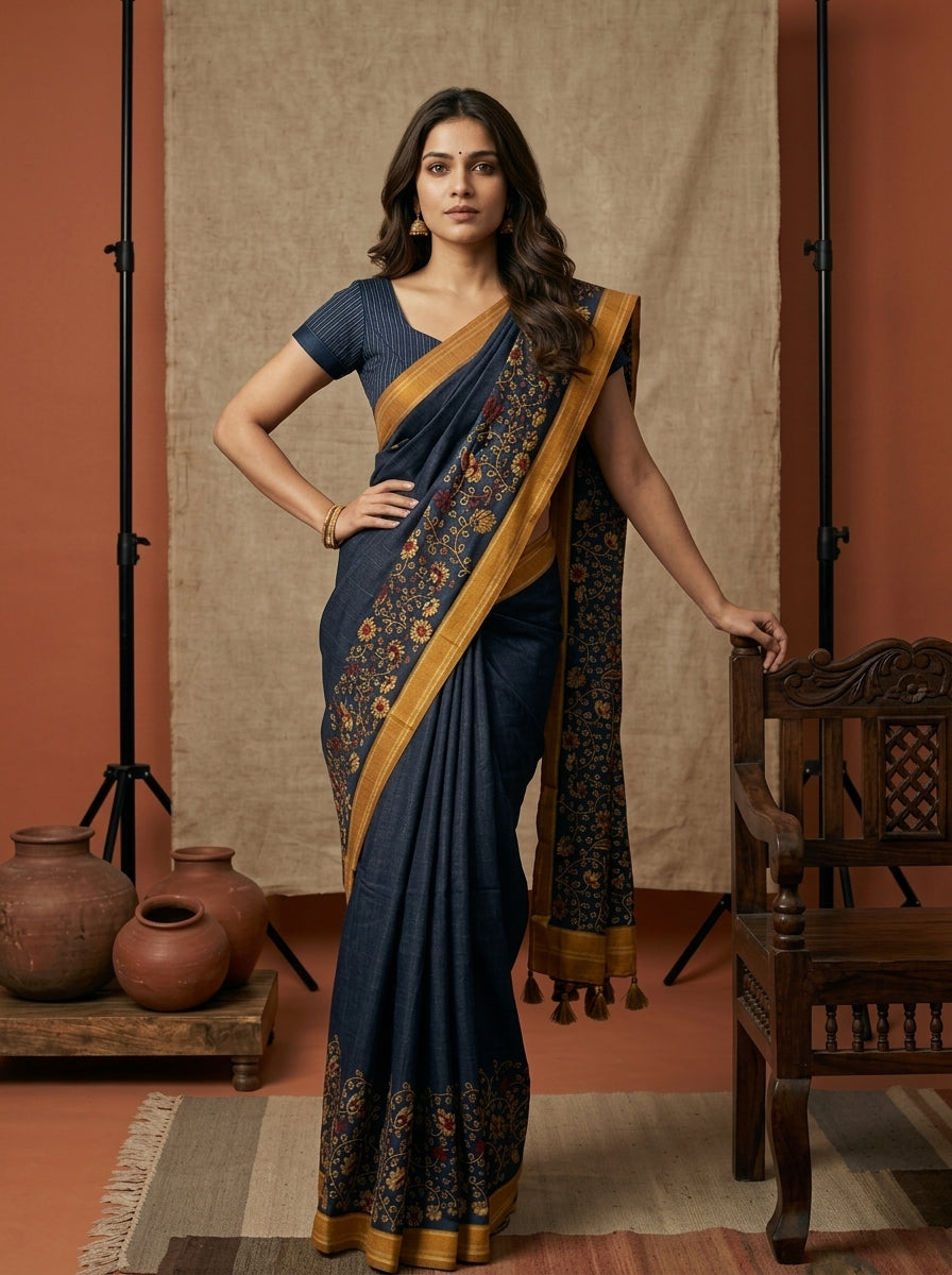 Chanderi Silk  Navy Blue Floral Border Saree