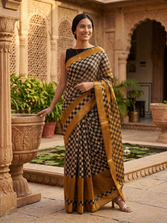 Chanderi Cotton Black Gold Checkered Designer Saree