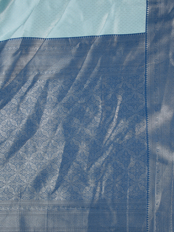 Pale Blue Color Silver Woven Designed Art Silk Saree With Peacock Blue Border