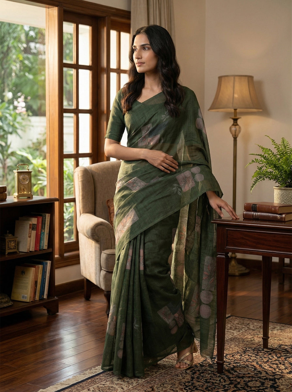 Woman in a green saree standing in a room with wooden floors and furniture.