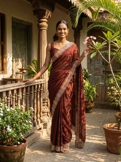 Woman in a red saree standing in a garden with plants and a traditional building in the background