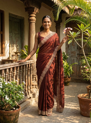 Woman in a red saree standing in a garden with plants and a traditional building in the background