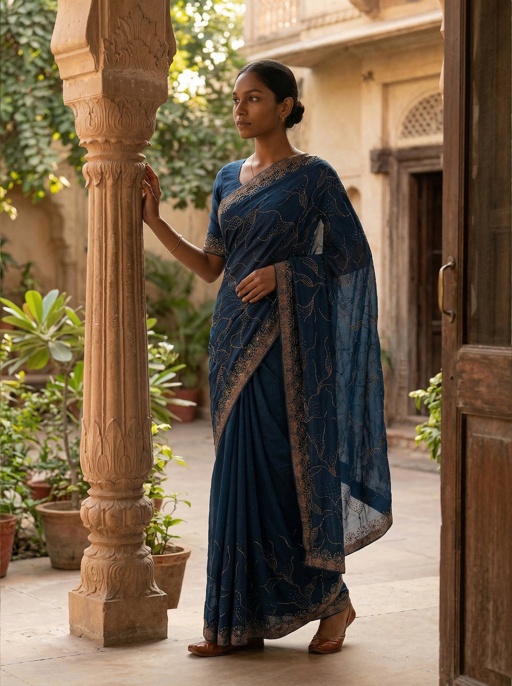 Vichitra Silk Deep Navy Blue Floral Stone Work Designer Saree