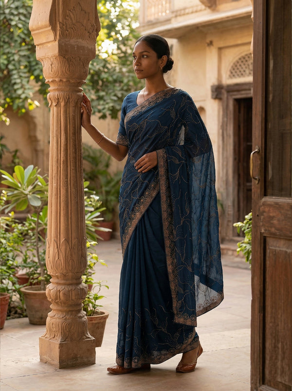 Vijithra Silk Deep Navy Blue Floral Stone Work Designer Saree