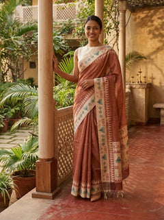 Chanderi Cotton Rust Brown Tribal Border Saree