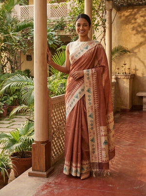 Chanderi Cotton Rust Brown Tribal Border Saree