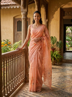 Organza Soft Peach Embroidered Saree
