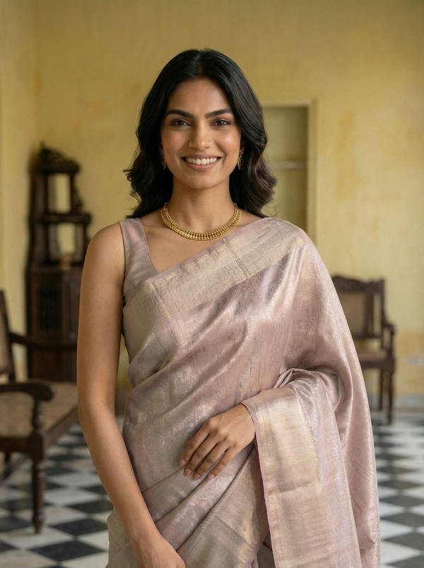 Kanjivaram Pure silk Silver Metalic Lavender Self Design Brocade Saree