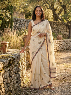Chanderi Cotton Cream & Multicolor Floral Motif Pattern Saree