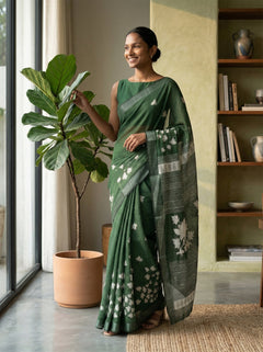 Chanderi Cotton Dark Green Floral Printed Pattern Saree