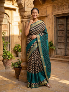 Chanderi Cotton Teal Checkered Saree