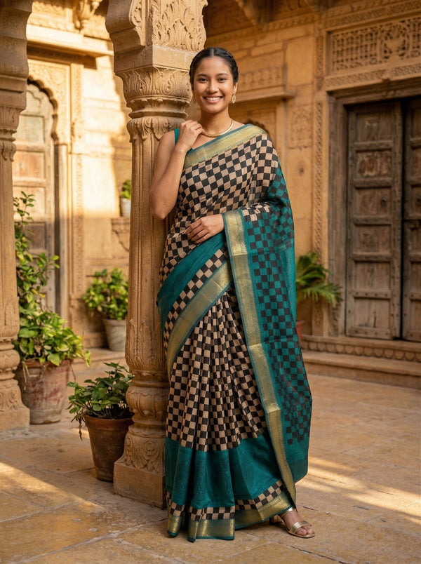 Chanderi Cotton Teal Checkered Saree