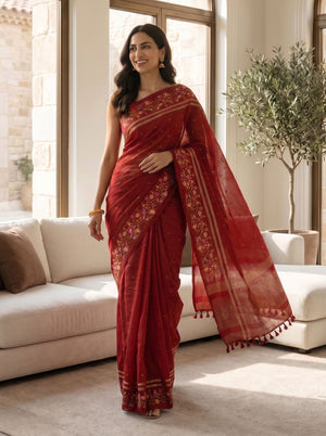 Semi Tussar Crimson Red Floral Embroidery Border Saree