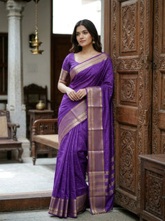 Chanderi Silk Purple Zari Border Saree