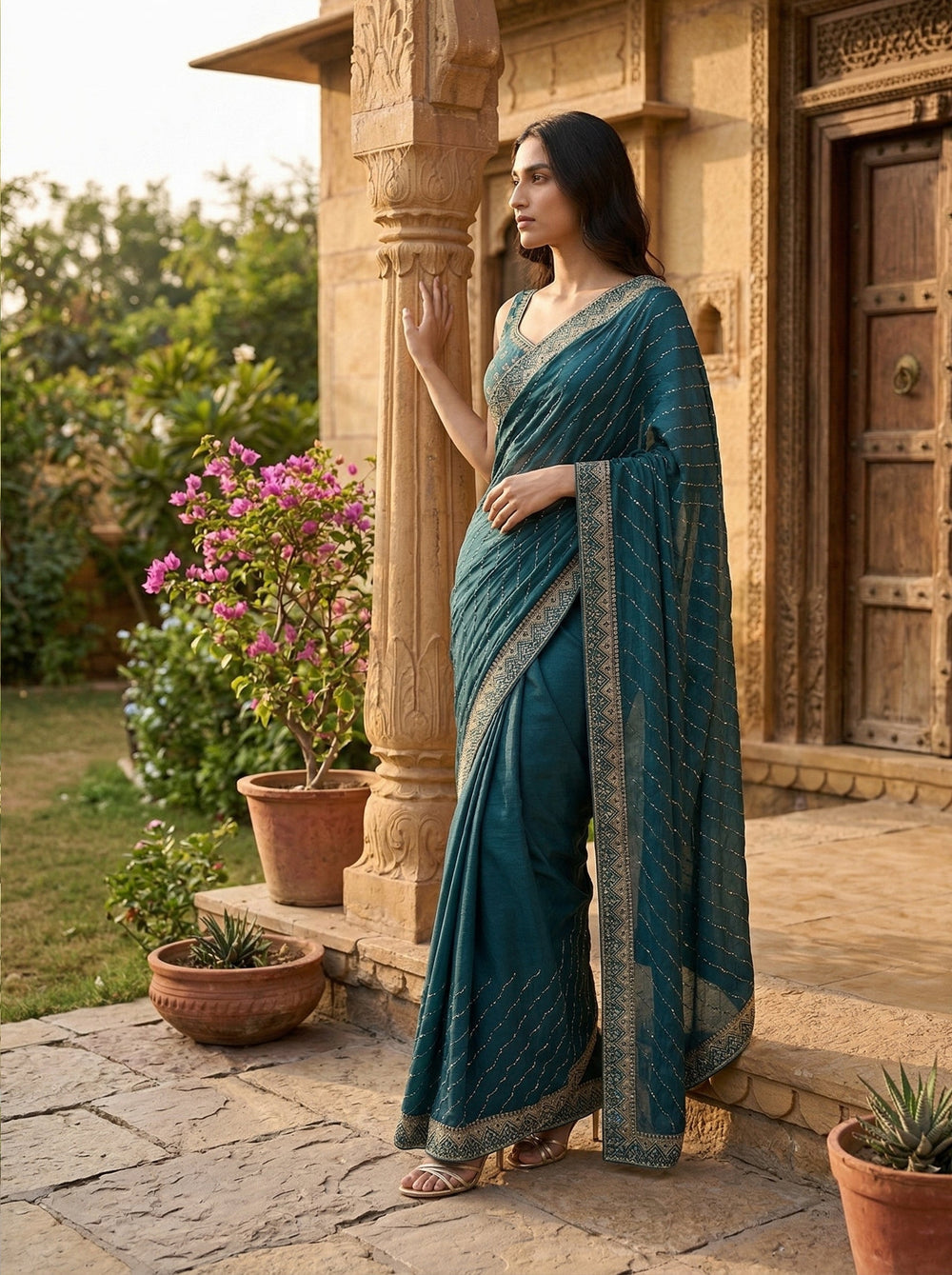 Vichitra Silk Peacock Blue Wave Design Stone Work Designer Saree