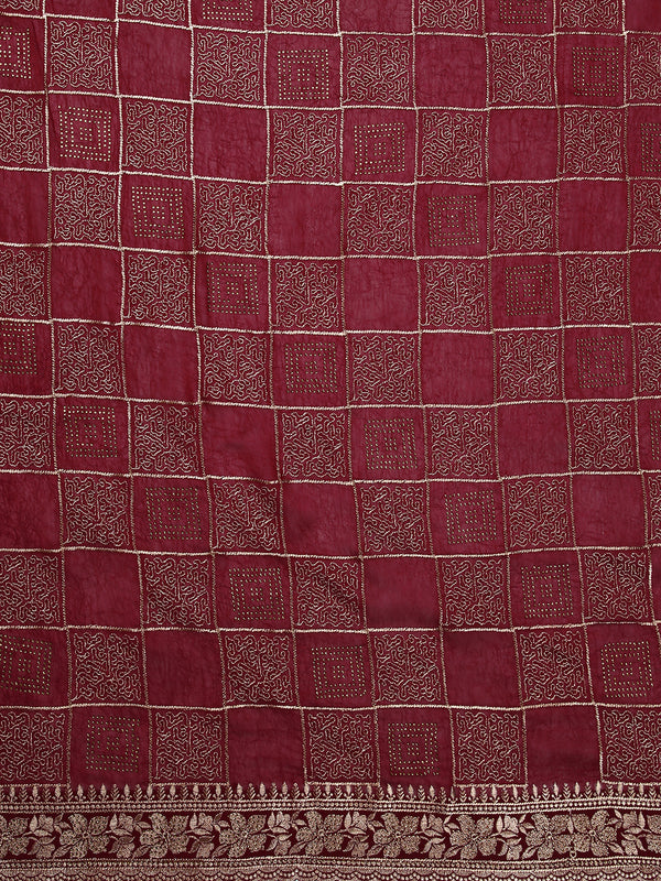 Maroon Color Poly Crepe Saree With Square Designed Work Over Body