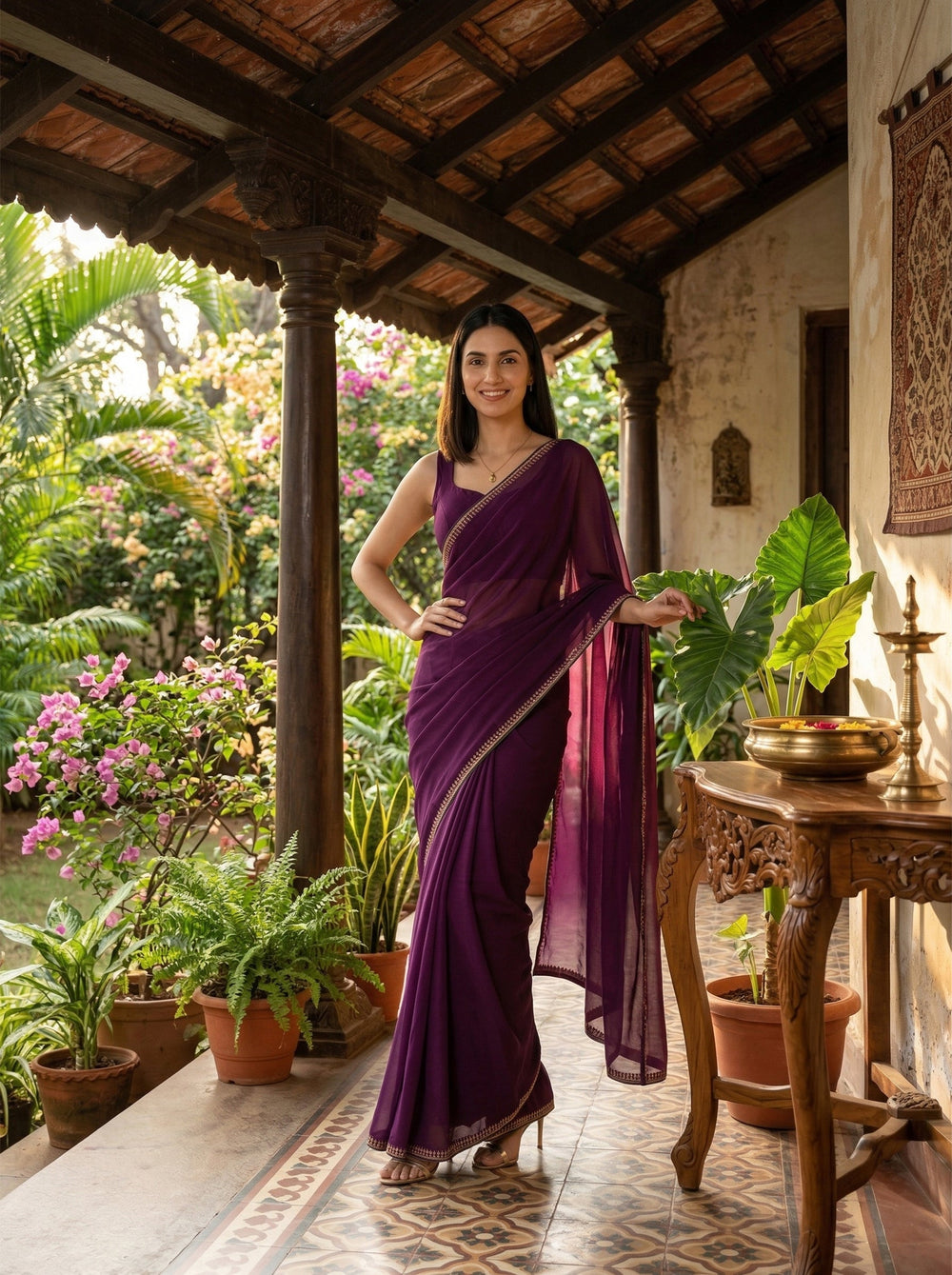 Woman in a purple saree standing in a garden setting with plants and a table.