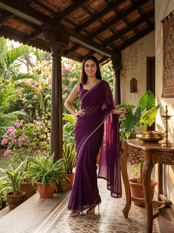 Woman in a purple saree standing in a garden setting with plants and a table.
