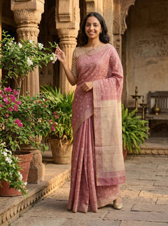 Woman in a pink saree standing in an outdoor setting with plants and architectural elements.