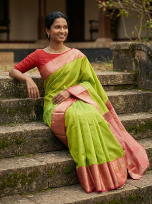 Kanjivaram Pure Silk Parrot Green and Pink Traditional Zari Saree