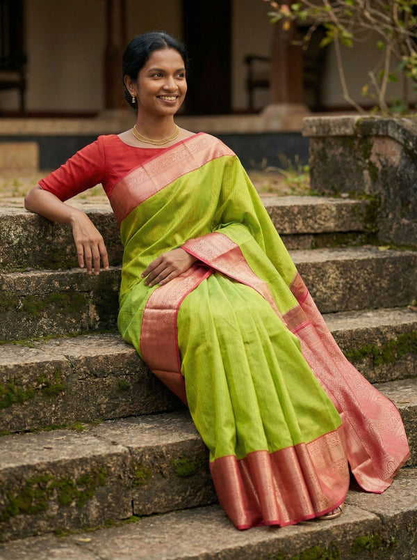 Kanjivaram Pure Silk Parrot Green and Pink Traditional Zari Saree