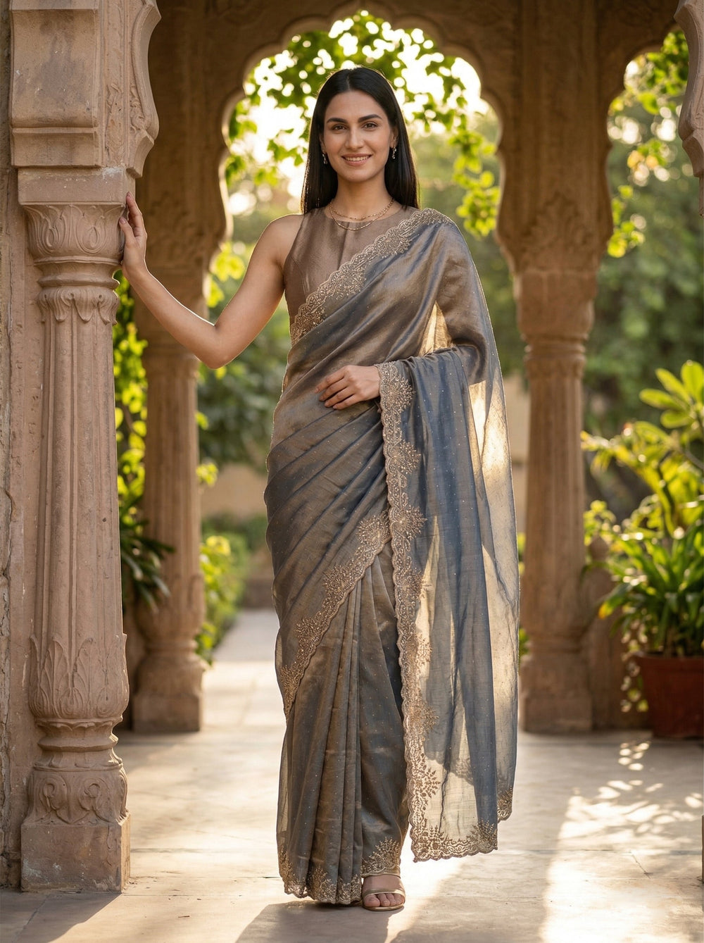 Woman in a traditional saree standing in an outdoor setting with architectural columns and greenery.