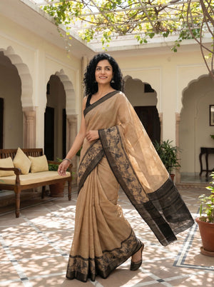 Tussar Natural Beige Printed Kalamkari Border Saree