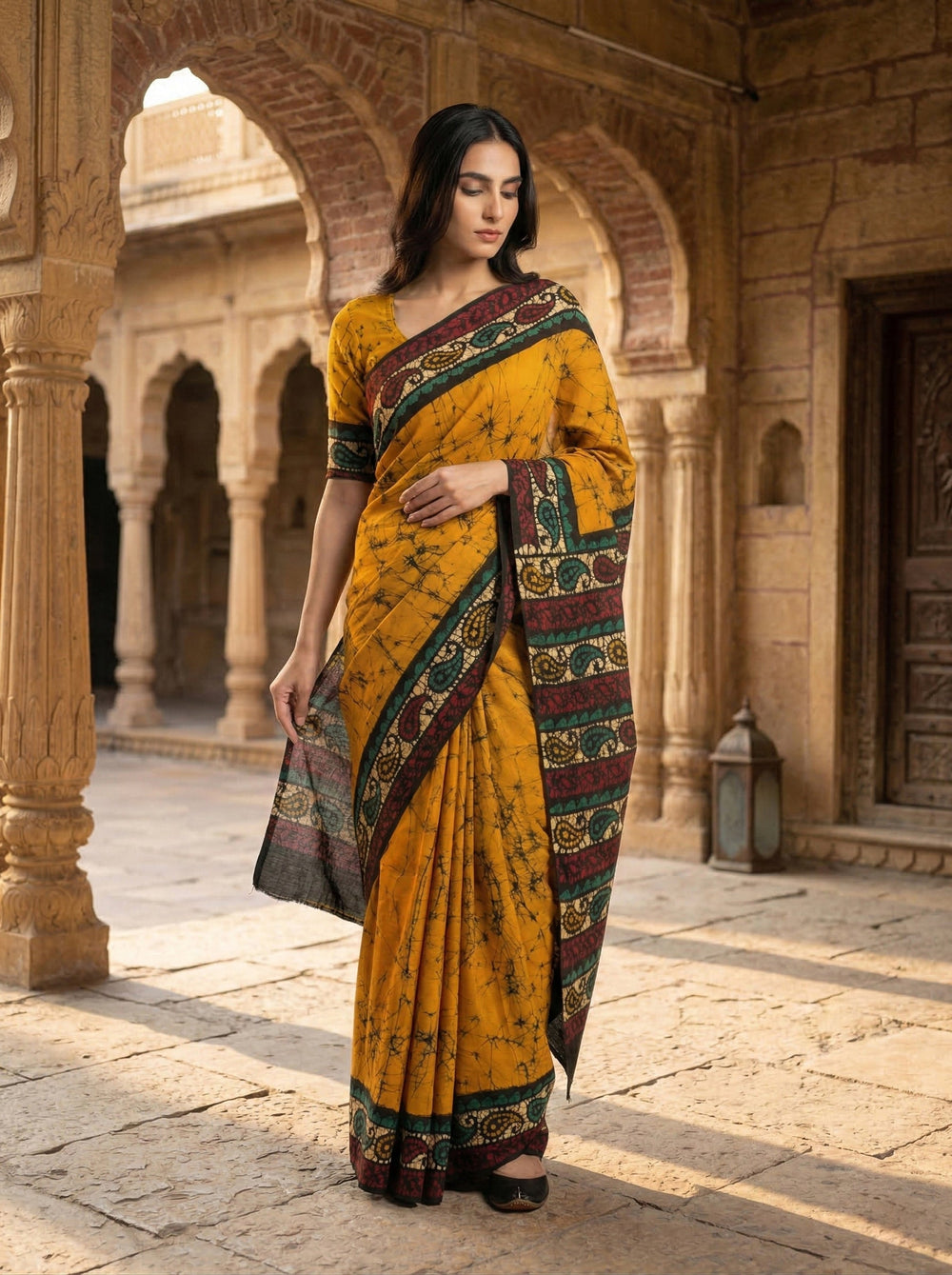 Woman in a yellow saree with a patterned border standing in an architectural setting.