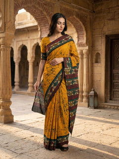Woman in a yellow saree with a patterned border standing in an architectural setting.