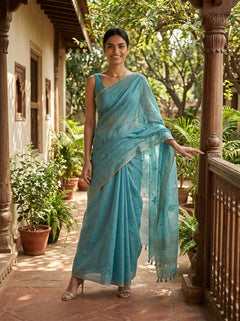Chanderi Cotton Sky Blue Embroidered Floral Pattern Saree