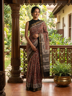 Chanderi Cotton Red And Black Floral Printed Saree